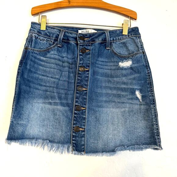 Mudd Flex Stretch Distressed Button Front Rough Hem Jean Mini Skirt Women's 9 - Picture 1 of 10